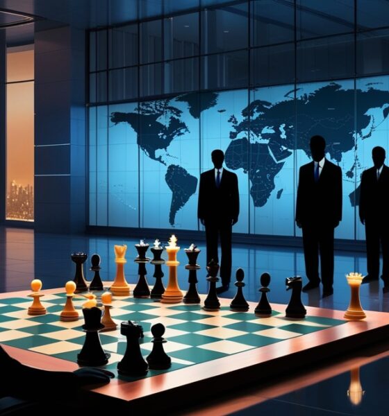 Ilustrasi realistik menampilkan siluet negosiator Iran dengan pin bercahaya warna bendera Iran di depan papan catur raksasa, dikelilingi siluet perwakilan AS, Eropa, Rusia, dan Tiongkok yang dibedakan dengan pantulan warna bendera masing-masing.