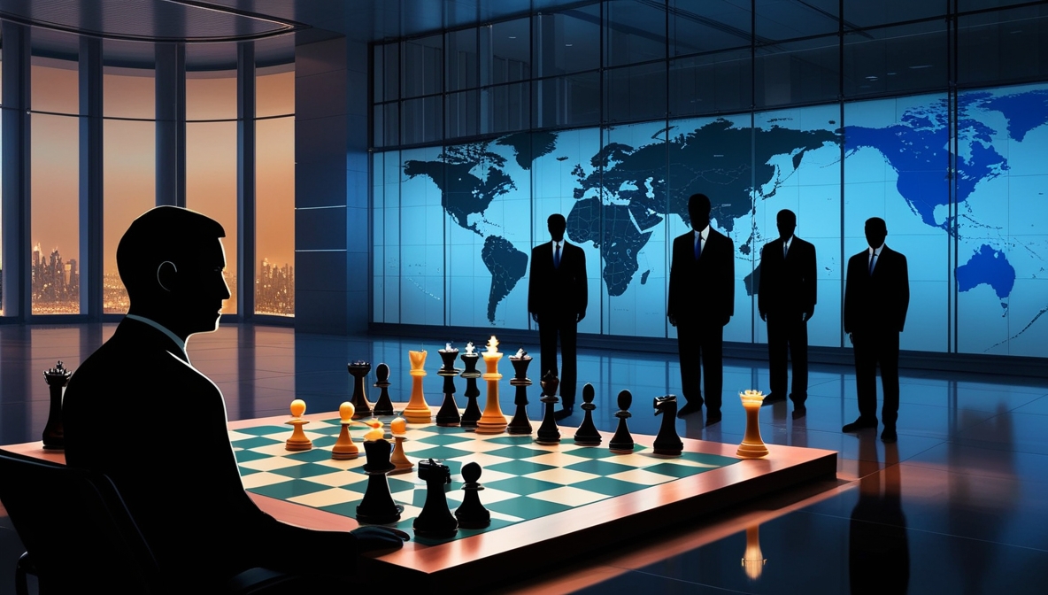 Ilustrasi realistik menampilkan siluet negosiator Iran dengan pin bercahaya warna bendera Iran di depan papan catur raksasa, dikelilingi siluet perwakilan AS, Eropa, Rusia, dan Tiongkok yang dibedakan dengan pantulan warna bendera masing-masing.