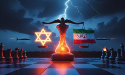Ilustrasi editorial bergaya dramatis menampilkan papan catur geopolitik di malam hari dengan reaktor nuklir bercahaya berbentuk timbangan yang miring; sisi Israel bercahaya dengan simbol bintang Daud dan hulu ledak tersembunyi, sisi Iran dengan bendera terbakar dan rantai sanksi PBB, di latar langit badai dengan siluet jam berdetak dan rudal.