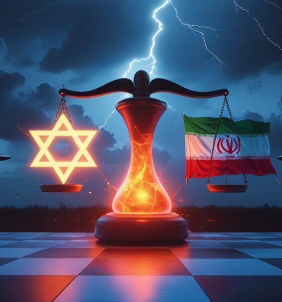 Ilustrasi editorial bergaya dramatis menampilkan papan catur geopolitik di malam hari dengan reaktor nuklir bercahaya berbentuk timbangan yang miring; sisi Israel bercahaya dengan simbol bintang Daud dan hulu ledak tersembunyi, sisi Iran dengan bendera terbakar dan rantai sanksi PBB, di latar langit badai dengan siluet jam berdetak dan rudal.