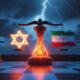 Ilustrasi editorial bergaya dramatis menampilkan papan catur geopolitik di malam hari dengan reaktor nuklir bercahaya berbentuk timbangan yang miring; sisi Israel bercahaya dengan simbol bintang Daud dan hulu ledak tersembunyi, sisi Iran dengan bendera terbakar dan rantai sanksi PBB, di latar langit badai dengan siluet jam berdetak dan rudal.