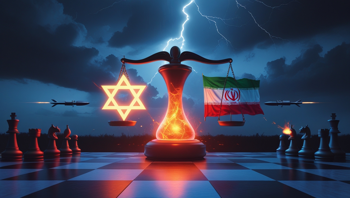 Ilustrasi editorial bergaya dramatis menampilkan papan catur geopolitik di malam hari dengan reaktor nuklir bercahaya berbentuk timbangan yang miring; sisi Israel bercahaya dengan simbol bintang Daud dan hulu ledak tersembunyi, sisi Iran dengan bendera terbakar dan rantai sanksi PBB, di latar langit badai dengan siluet jam berdetak dan rudal.