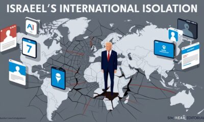 Peta Timur Tengah yang retak dengan figur pemimpin Israel di atasnya, dikelilingi layar media sosial dan algoritma digital, melambangkan isolasi politik dan krisis internasional.