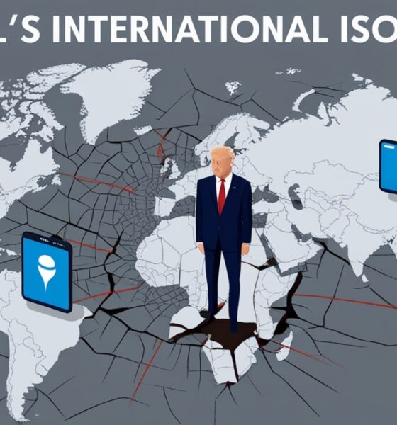 Peta Timur Tengah yang retak dengan figur pemimpin Israel di atasnya, dikelilingi layar media sosial dan algoritma digital, melambangkan isolasi politik dan krisis internasional.