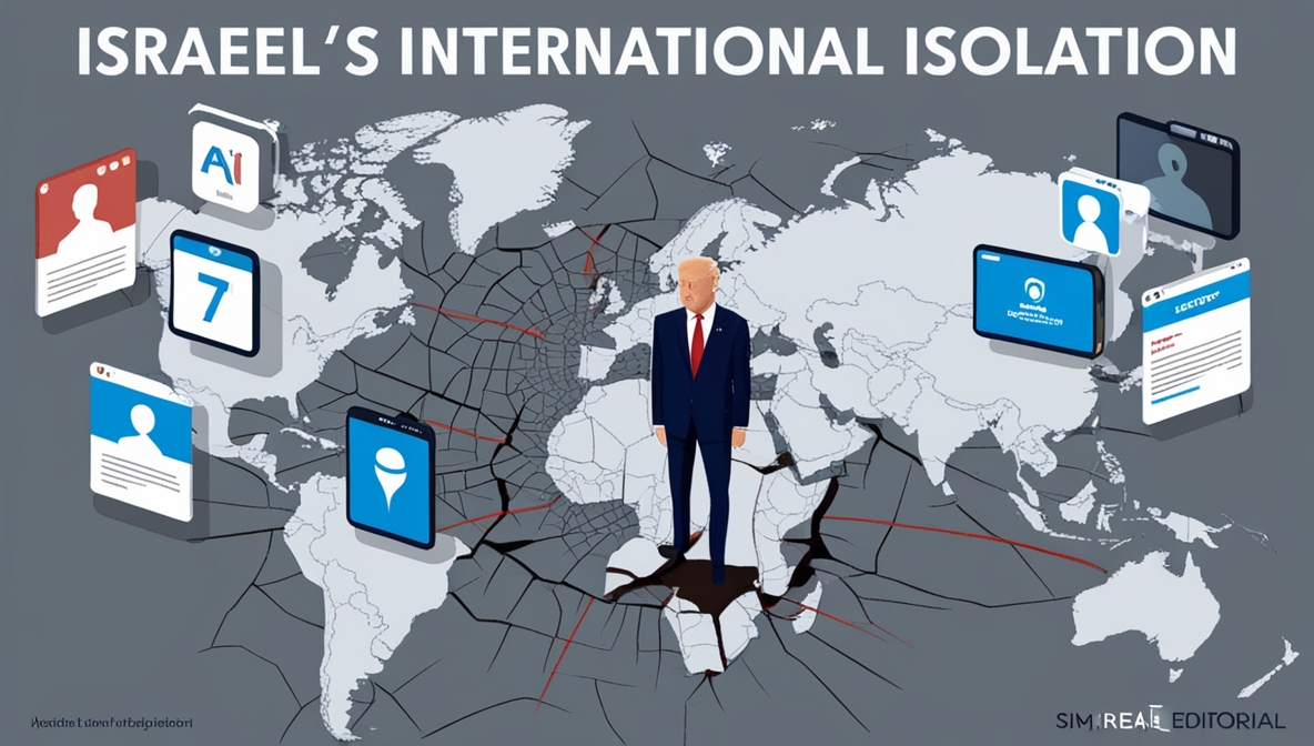 Peta Timur Tengah yang retak dengan figur pemimpin Israel di atasnya, dikelilingi layar media sosial dan algoritma digital, melambangkan isolasi politik dan krisis internasional.