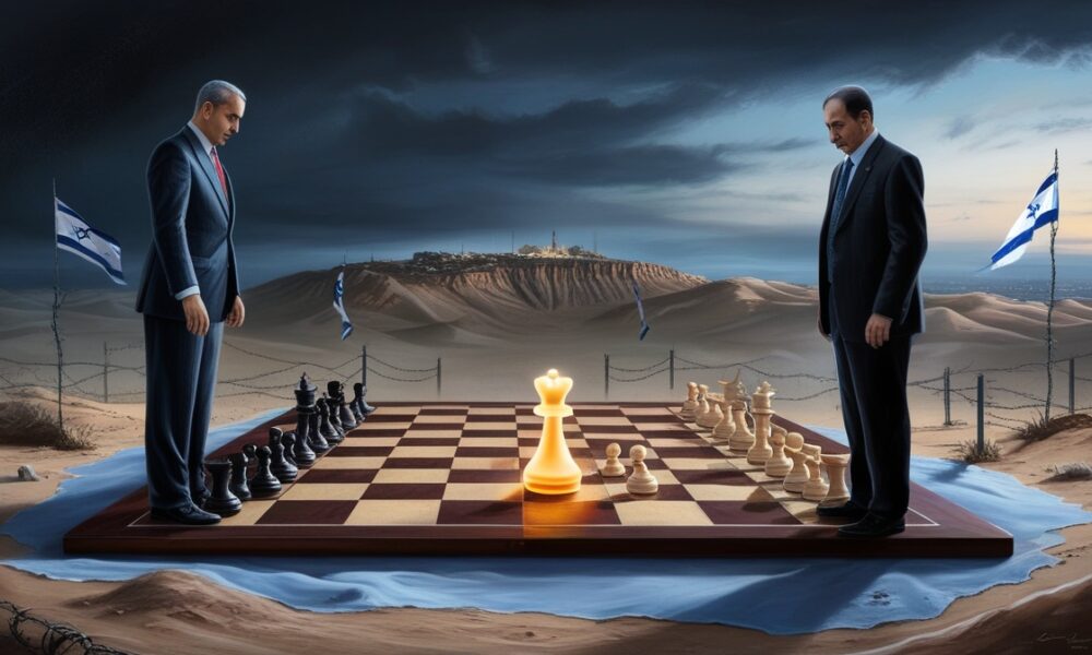 Ilustrasi negosiasi damai Israel–Suriah digambarkan sebagai permainan catur di padang pasir dengan Dataran Tinggi Golan sebagai bidak utama.