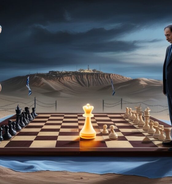 Ilustrasi negosiasi damai Israel–Suriah digambarkan sebagai permainan catur di padang pasir dengan Dataran Tinggi Golan sebagai bidak utama.