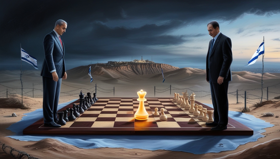 Ilustrasi negosiasi damai Israel–Suriah digambarkan sebagai permainan catur di padang pasir dengan Dataran Tinggi Golan sebagai bidak utama.