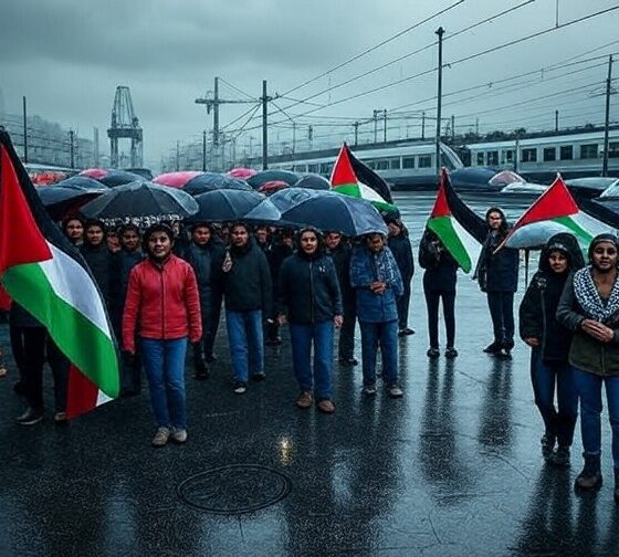Ilustrasi editorial pekerja Italia berdiri di pelabuhan dan stasiun yang berhenti beroperasi, memegang bendera Palestina di bawah langit mendung