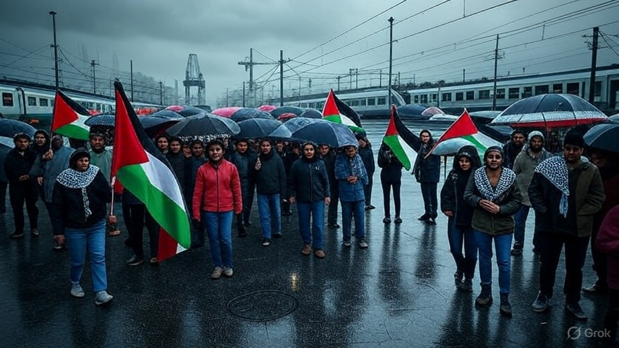 Ilustrasi editorial pekerja Italia berdiri di pelabuhan dan stasiun yang berhenti beroperasi, memegang bendera Palestina di bawah langit mendung