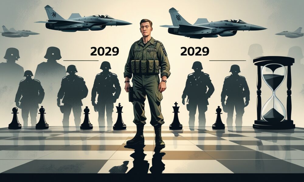 German soldier on a chessboard with war shadows and NATO symbols, representing Germany’s plan to add 100,000 troops by 2029.