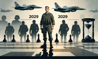 German soldier on a chessboard with war shadows and NATO symbols, representing Germany’s plan to add 100,000 troops by 2029.