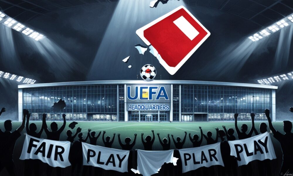 Ilustrasi editorial gedung UEFA disinari lampu stadion malam dengan kartu merah raksasa melayang di atasnya, melambangkan hilangnya prinsip fair play.