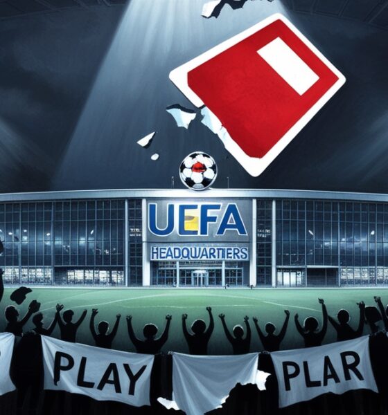 Ilustrasi editorial gedung UEFA disinari lampu stadion malam dengan kartu merah raksasa melayang di atasnya, melambangkan hilangnya prinsip fair play.