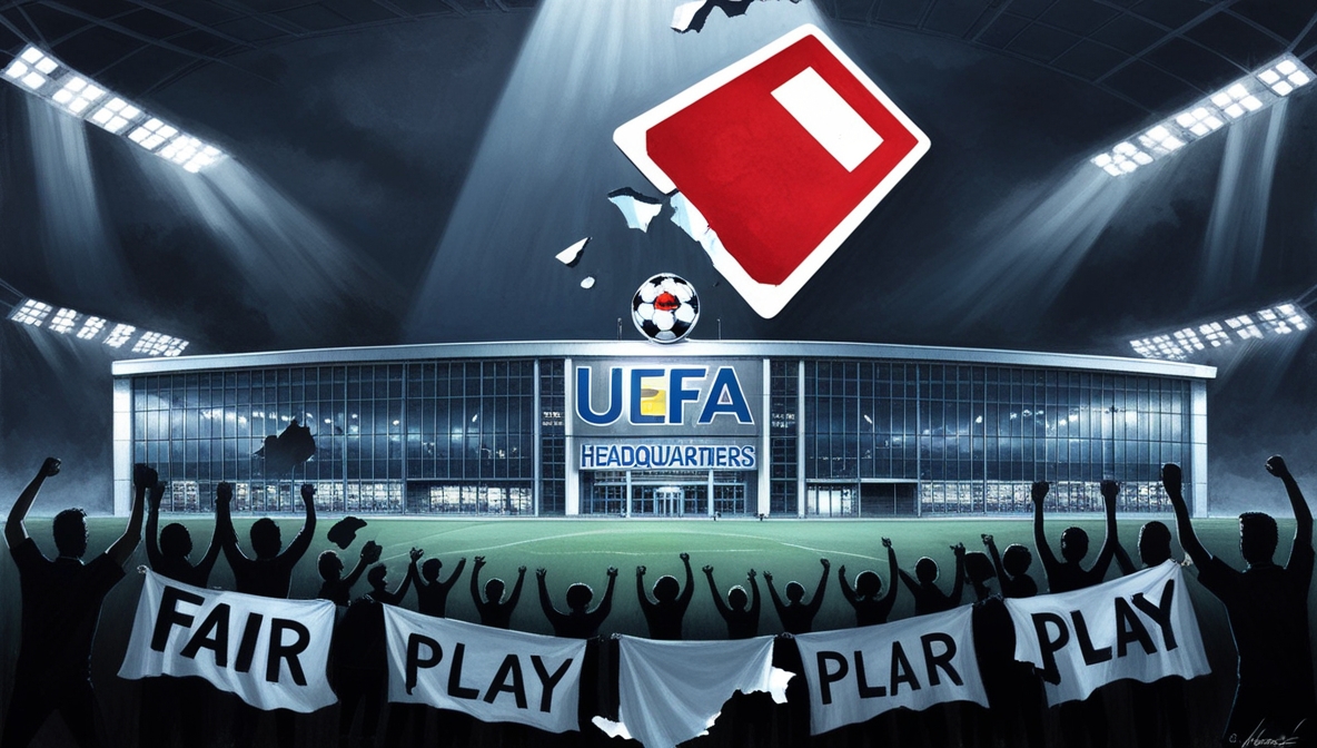 Ilustrasi editorial gedung UEFA disinari lampu stadion malam dengan kartu merah raksasa melayang di atasnya, melambangkan hilangnya prinsip fair play.