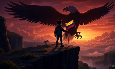 Ilustrasi digital seorang figur berdiri teguh di tebing tinggi, menghadapi elang raksasa berbayang yang melambangkan kekuatan AS. Figur tersebut memegang bendera Kuba yang bersinar kecil di tangannya, dengan langit senja yang dramatis, gaya kartun editorial, kontras tajam, dan pencahayaan moody