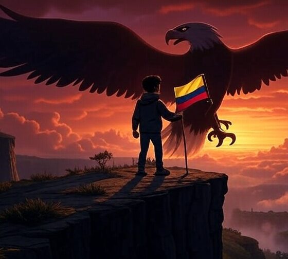 Ilustrasi digital seorang figur berdiri teguh di tebing tinggi, menghadapi elang raksasa berbayang yang melambangkan kekuatan AS. Figur tersebut memegang bendera Kuba yang bersinar kecil di tangannya, dengan langit senja yang dramatis, gaya kartun editorial, kontras tajam, dan pencahayaan moody