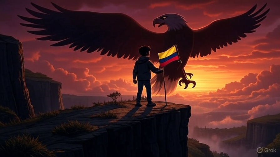 Ilustrasi digital seorang figur berdiri teguh di tebing tinggi, menghadapi elang raksasa berbayang yang melambangkan kekuatan AS. Figur tersebut memegang bendera Kuba yang bersinar kecil di tangannya, dengan langit senja yang dramatis, gaya kartun editorial, kontras tajam, dan pencahayaan moody