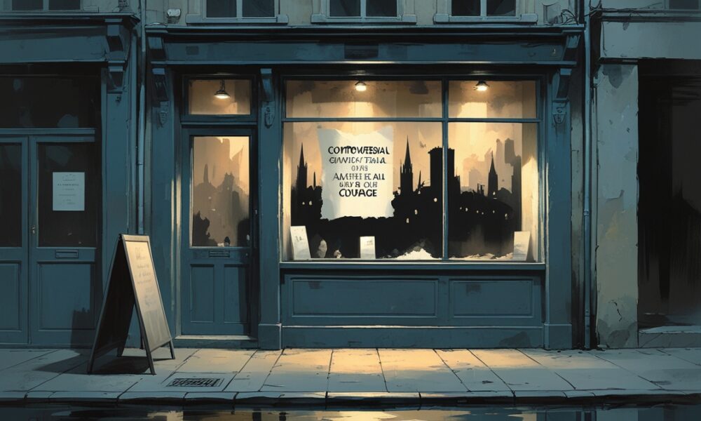 Ilustrasi editorial toko kecil di Eropa dengan simbol protes moral, mencerminkan ketegangan sejarah dan konflik Gaza secara simbolis.