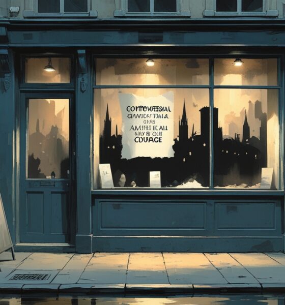 Ilustrasi editorial toko kecil di Eropa dengan simbol protes moral, mencerminkan ketegangan sejarah dan konflik Gaza secara simbolis.