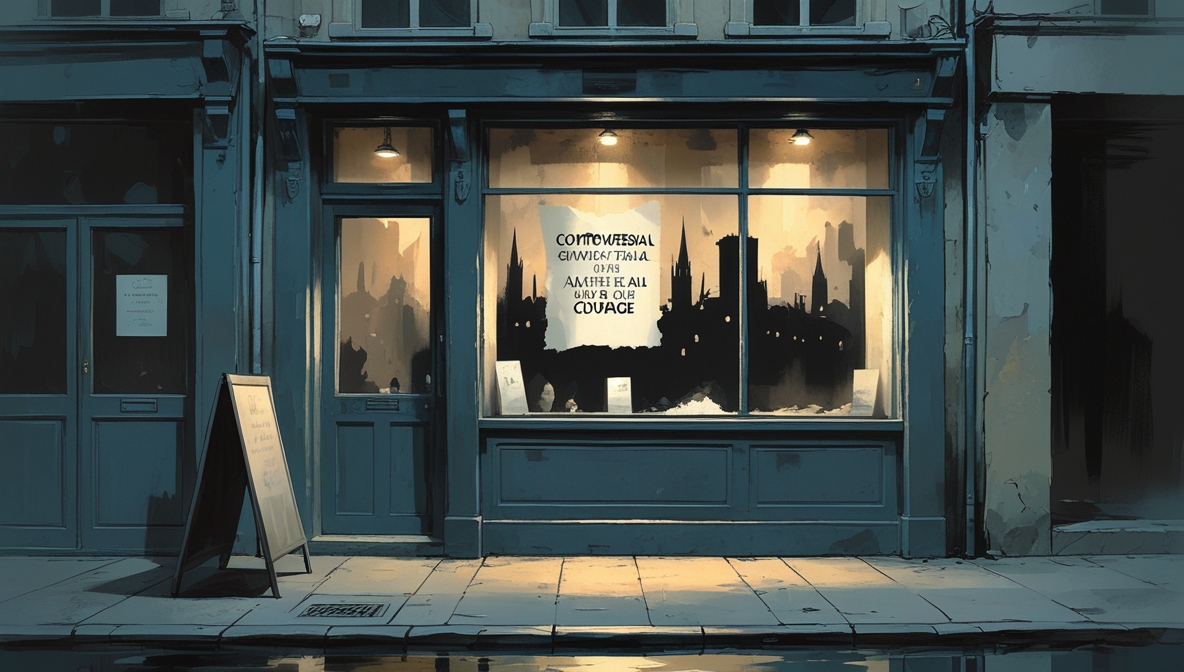 Ilustrasi editorial toko kecil di Eropa dengan simbol protes moral, mencerminkan ketegangan sejarah dan konflik Gaza secara simbolis.