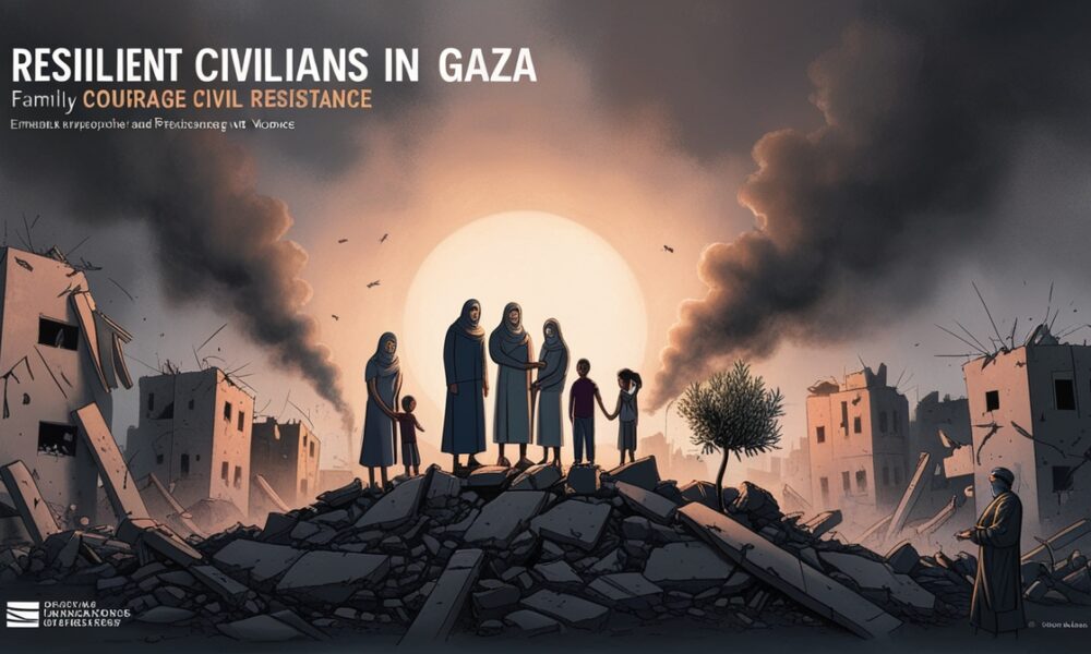 Ilustrasi editorial warga Gaza berdiri tegak di antara puing-puing bangunan yang hancur, langit senja berasap, cahaya hangat menyoroti wajah penuh keberanian sebagai simbol perlawanan sipil.