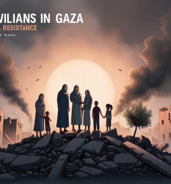 Ilustrasi editorial warga Gaza berdiri tegak di antara puing-puing bangunan yang hancur, langit senja berasap, cahaya hangat menyoroti wajah penuh keberanian sebagai simbol perlawanan sipil.