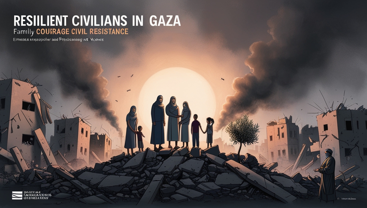 Ilustrasi editorial warga Gaza berdiri tegak di antara puing-puing bangunan yang hancur, langit senja berasap, cahaya hangat menyoroti wajah penuh keberanian sebagai simbol perlawanan sipil.