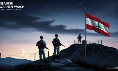 Lebanese soldiers guard a southern border outpost as a Lebanese flag waves at twilight.