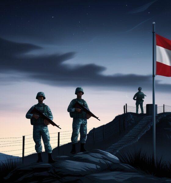Lebanese soldiers guard a southern border outpost as a Lebanese flag waves at twilight.