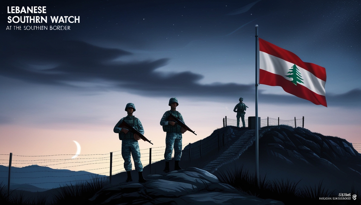 Lebanese soldiers guard a southern border outpost as a Lebanese flag waves at twilight.