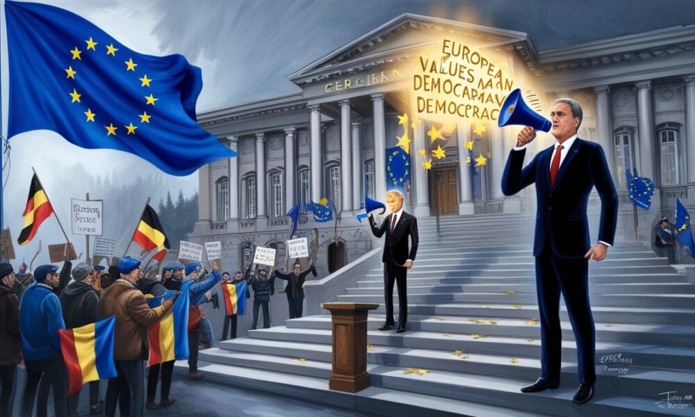 Ilustrasi editorial menampilkan bayangan bendera Uni Eropa yang menaungi gedung parlemen Georgia di tengah demonstrasi, menggambarkan tekanan politik Eropa.
