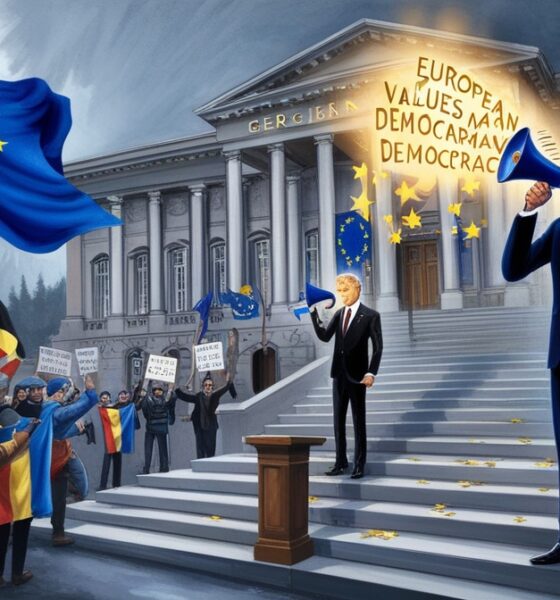 Ilustrasi editorial menampilkan bayangan bendera Uni Eropa yang menaungi gedung parlemen Georgia di tengah demonstrasi, menggambarkan tekanan politik Eropa.