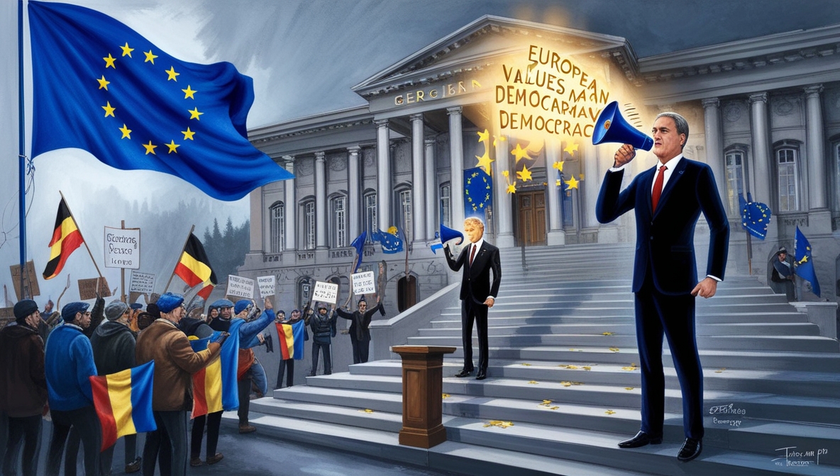 Ilustrasi editorial menampilkan bayangan bendera Uni Eropa yang menaungi gedung parlemen Georgia di tengah demonstrasi, menggambarkan tekanan politik Eropa.