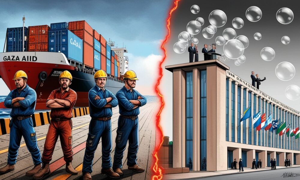 Ilustrasi buruh pelabuhan Italia tegas menantang, berlawanan dengan gedung PBB yang hanya berisi pidato kosong.