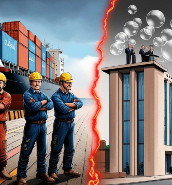 Ilustrasi buruh pelabuhan Italia tegas menantang, berlawanan dengan gedung PBB yang hanya berisi pidato kosong.