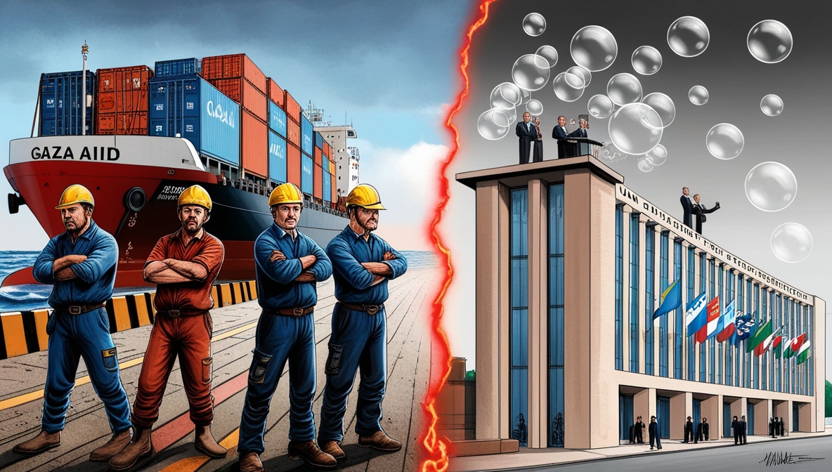 Ilustrasi buruh pelabuhan Italia tegas menantang, berlawanan dengan gedung PBB yang hanya berisi pidato kosong.