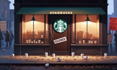 Gerai Starbucks yang tertutup dengan lampu logo hijau redup dan papan bertuliskan “Closed”, gelas kopi kosong berserakan di trotoar, latar protes samar menandakan boikot global.