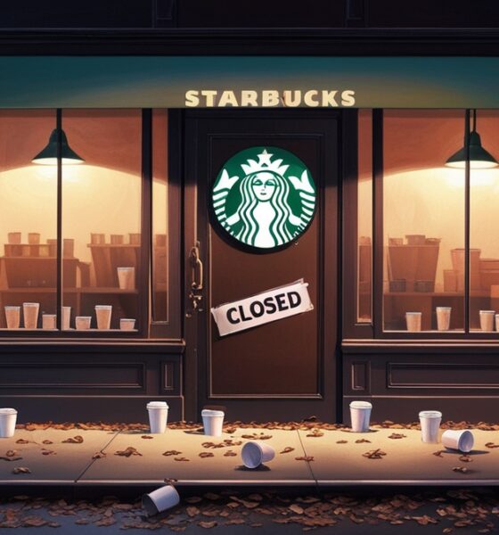 Gerai Starbucks yang tertutup dengan lampu logo hijau redup dan papan bertuliskan “Closed”, gelas kopi kosong berserakan di trotoar, latar protes samar menandakan boikot global.
