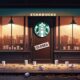 Gerai Starbucks yang tertutup dengan lampu logo hijau redup dan papan bertuliskan “Closed”, gelas kopi kosong berserakan di trotoar, latar protes samar menandakan boikot global.