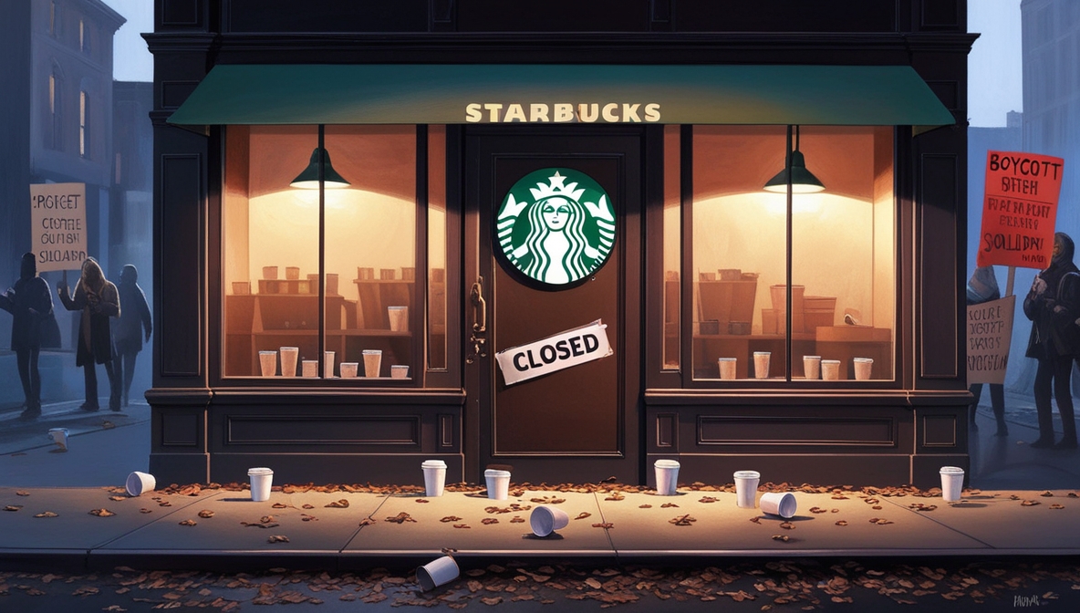 Gerai Starbucks yang tertutup dengan lampu logo hijau redup dan papan bertuliskan “Closed”, gelas kopi kosong berserakan di trotoar, latar protes samar menandakan boikot global.