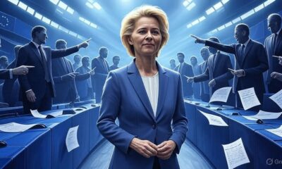 Ilustrasi editorial Ursula von der Leyen di ruang Parlemen Eropa dikelilingi anggota parlemen yang menuding, simbol mosi tidak percaya.