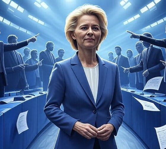 Ilustrasi editorial Ursula von der Leyen di ruang Parlemen Eropa dikelilingi anggota parlemen yang menuding, simbol mosi tidak percaya.