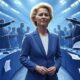 Ilustrasi editorial Ursula von der Leyen di ruang Parlemen Eropa dikelilingi anggota parlemen yang menuding, simbol mosi tidak percaya.