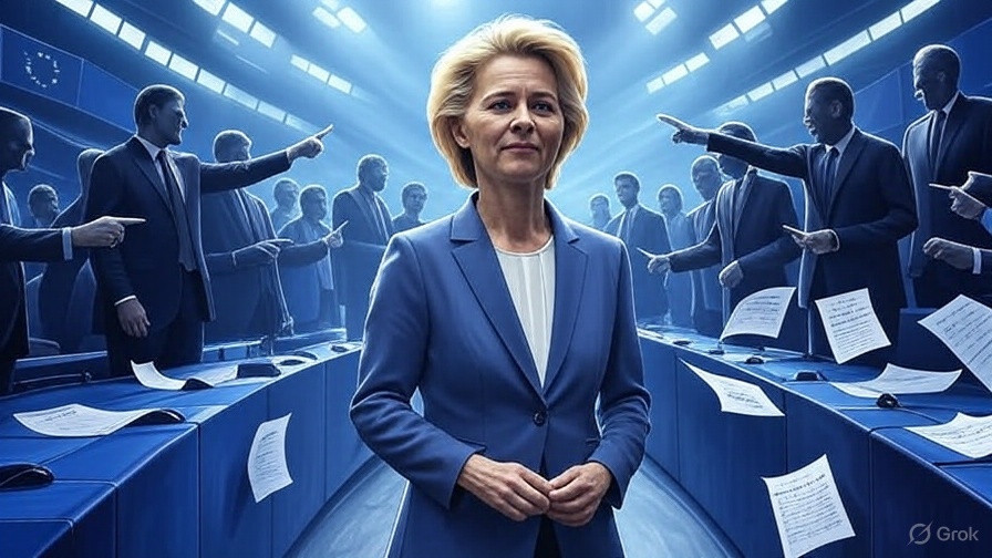 Ilustrasi editorial Ursula von der Leyen di ruang Parlemen Eropa dikelilingi anggota parlemen yang menuding, simbol mosi tidak percaya.
