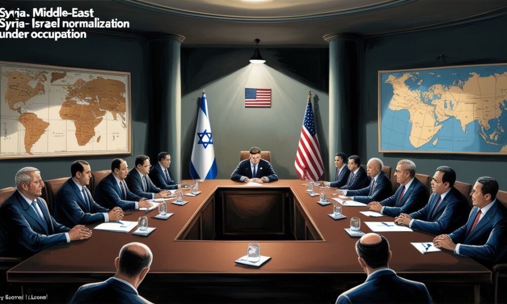 Editorial illustration of Syrian and Israeli officials in a tense secret meeting with US mediator, symbolizing controversial security talks