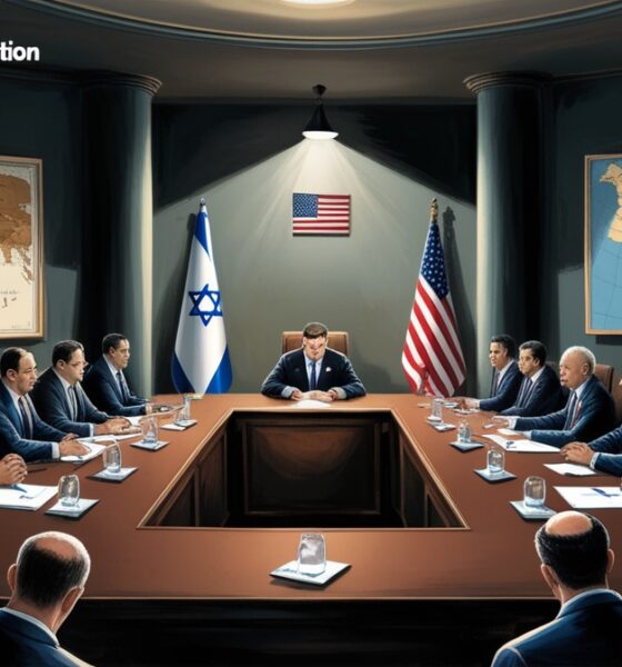 Editorial illustration of Syrian and Israeli officials in a tense secret meeting with US mediator, symbolizing controversial security talks