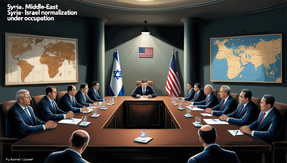 Editorial illustration of Syrian and Israeli officials in a tense secret meeting with US mediator, symbolizing controversial security talks