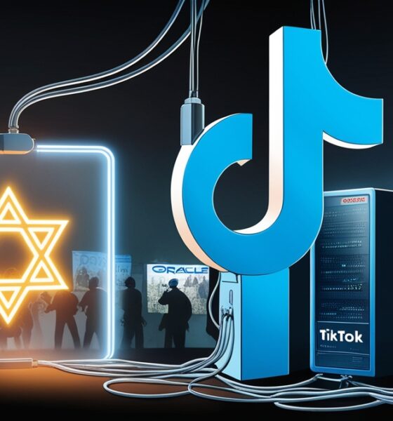 Ilustrasi editorial menampilkan logo TikTok seperti boneka yang dikendalikan kabel menuju simbol Bintang Daud bercahaya dan server bertuliskan “Oracle”, dengan latar kabur berisi protes Gaza yang memudar.