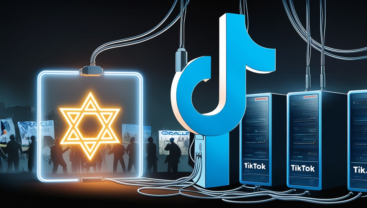 Ilustrasi editorial menampilkan logo TikTok seperti boneka yang dikendalikan kabel menuju simbol Bintang Daud bercahaya dan server bertuliskan “Oracle”, dengan latar kabur berisi protes Gaza yang memudar.